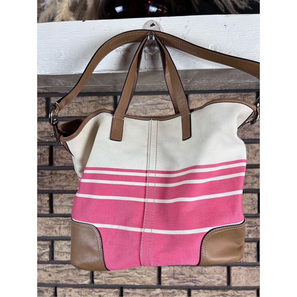 Coach Hadley Variegated‎ Coral & Beige Striped Canvas Leather Tote Shoulder Bag